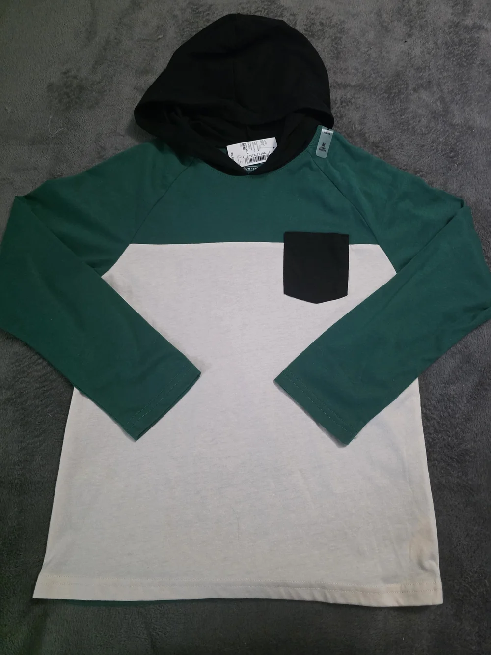 The Children's Place Green & Cream Hooded Colorblock Crewneck with Black Pocket